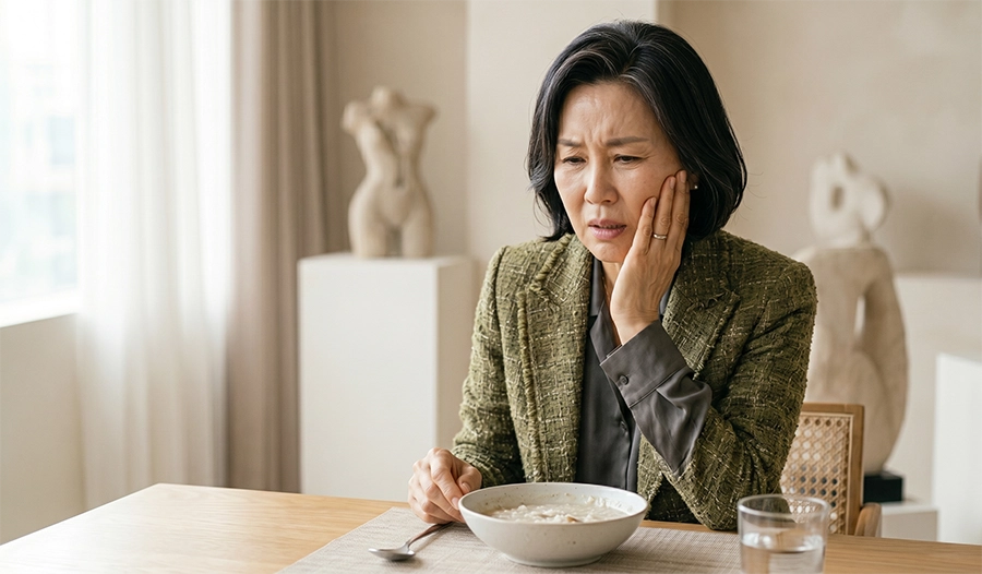 임플란트수명 저하를 유발하는 치주인대 염증 및 치통으로 고통받는 모습