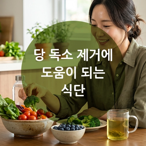 피부건강을 위해 당독소 제거 음식인 브로콜리와 블루베리 식단을 준비하고 미소 짓는 한국인 여성