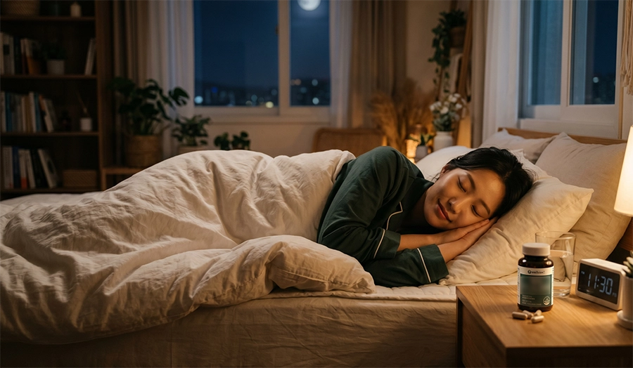 침대 옆 협탁에 불면증 마그네슘 영양제 통과 물컵이 놓여 있고, 그 옆에서 한 한국인 여성이 깊고 편안하게 잠들어 있는 모습