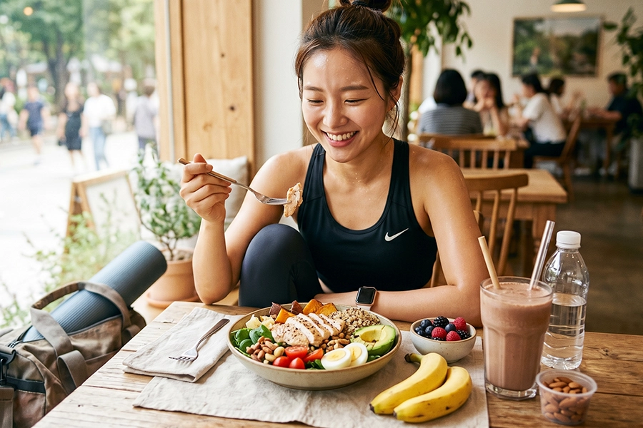 운동 후 먹으면 좋은 음식인 닭가슴살 샐러드, 바나나, 단백질 쉐이크를 먹고 있는 한국인 여성의 모습