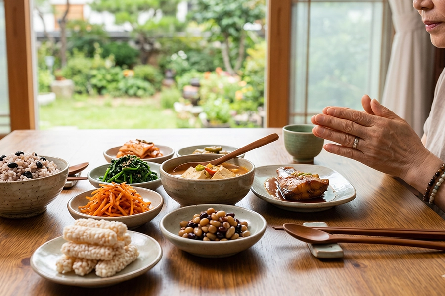 한옥 마당이 보이는 창가 식탁 위 잡곡밥, 두부 된장찌개, 나물 반찬, 한과가 차려진 한국식 건강 식단 앞에서 노년의 여성이 손을 모으고 식사 전 기도를 하는 모습