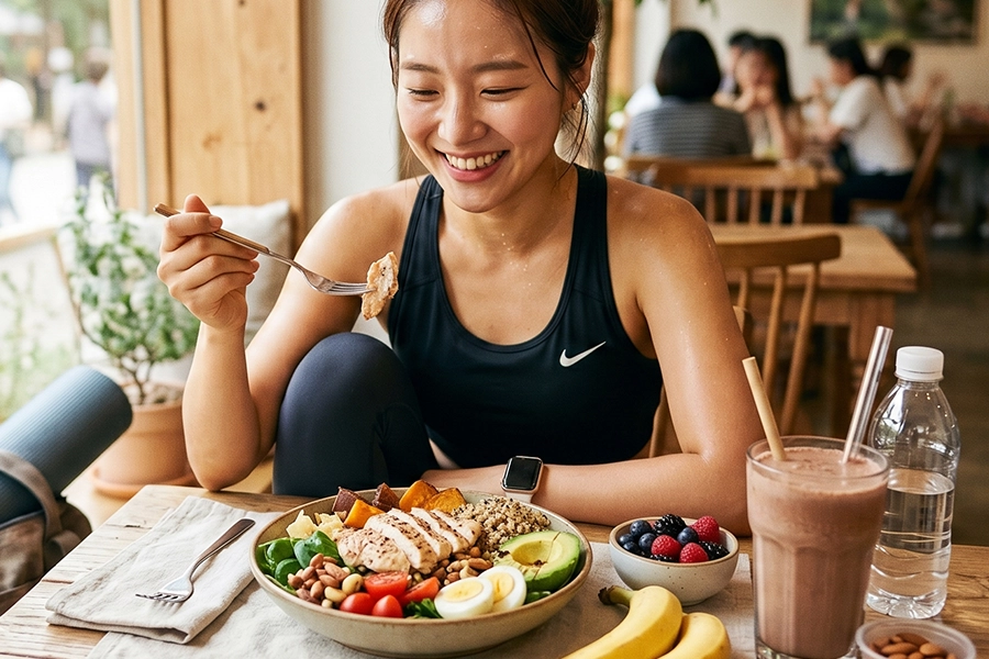 운동을 마친 후 카페 창가 자리에 앉아 단백질 위주의 건강한 식단을 즐기며 미소 짓고 있는 여성