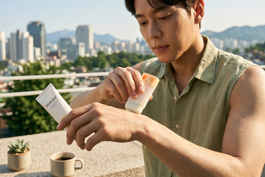 옥상에서 손등에 선크림 튜브를 바르고 다른 한 손에는 선스틱을 든 채, 팔과 손등의 피부 노화를 예방하고 있는 한국 남성의 모습.