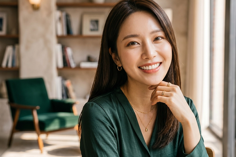 중랑구 치아미백 치과 시술 후 하얗고 밝은 미소를 지으며 하얀 치아를 뽐내는 모델 모습