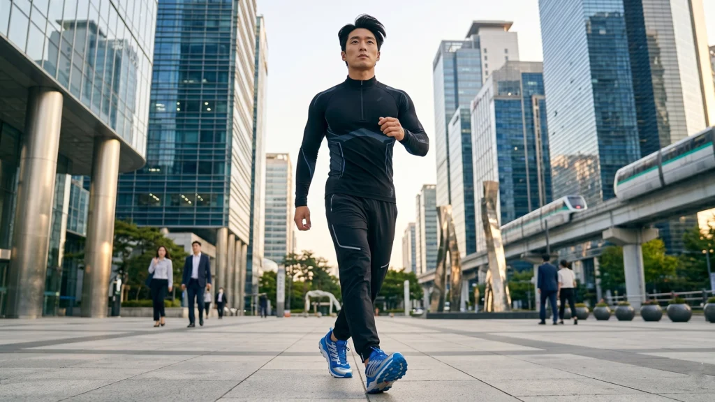 빌딩 숲 사이 보행로에서 파워 워킹 자세로 역동적으로 빠르게 걷는 한국인 남성의 발걸음과 파란색 운동화
